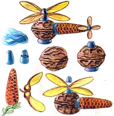 Поделки из грецкого ореха и еловых шишек - Вертолет